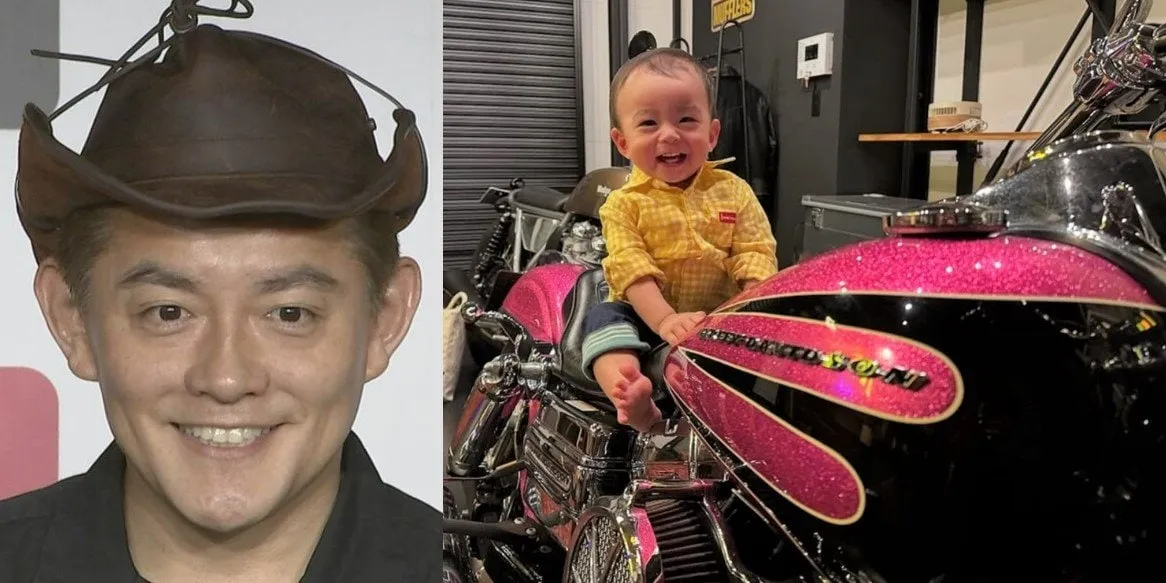 【 スピードワゴン・井戸田潤の長男 】　パパの愛車　ハーレーにまたがりご満悦　「いい笑顔　過去1番のいい写真が撮れちゃいました」　ママ蜂谷晏海も　「親バカ発動」