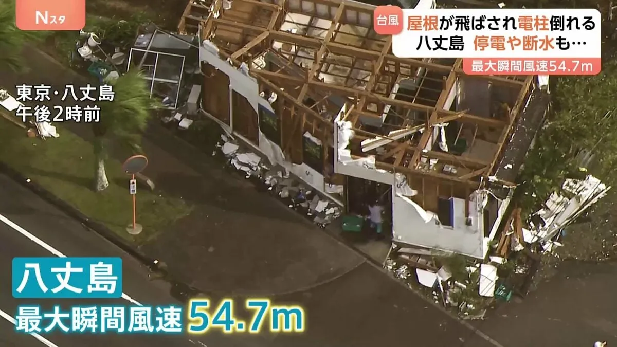 屋根が飛ばされ電柱倒れる　八丈島 台風22号で記録的な風雨　最大瞬間風速54.7メートル　停電・断水も…