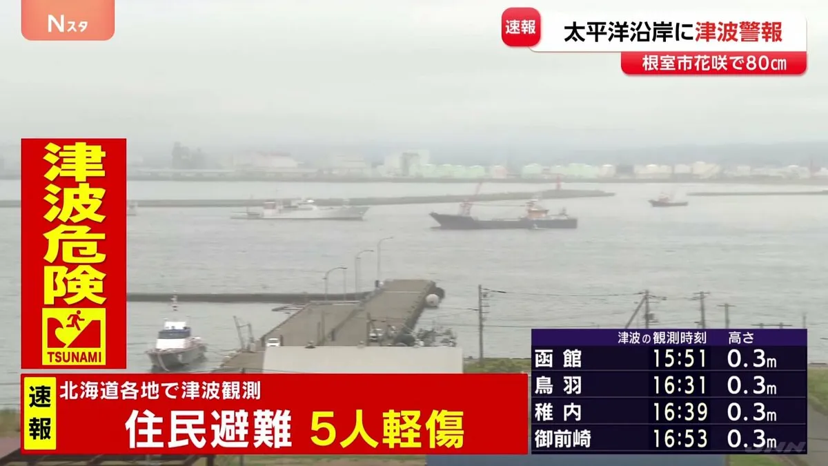 北海道の太平洋沿岸 各地で津波観測 住民が避難 5人が軽いけが　36自治体で「避難指示」（午後5時時点）