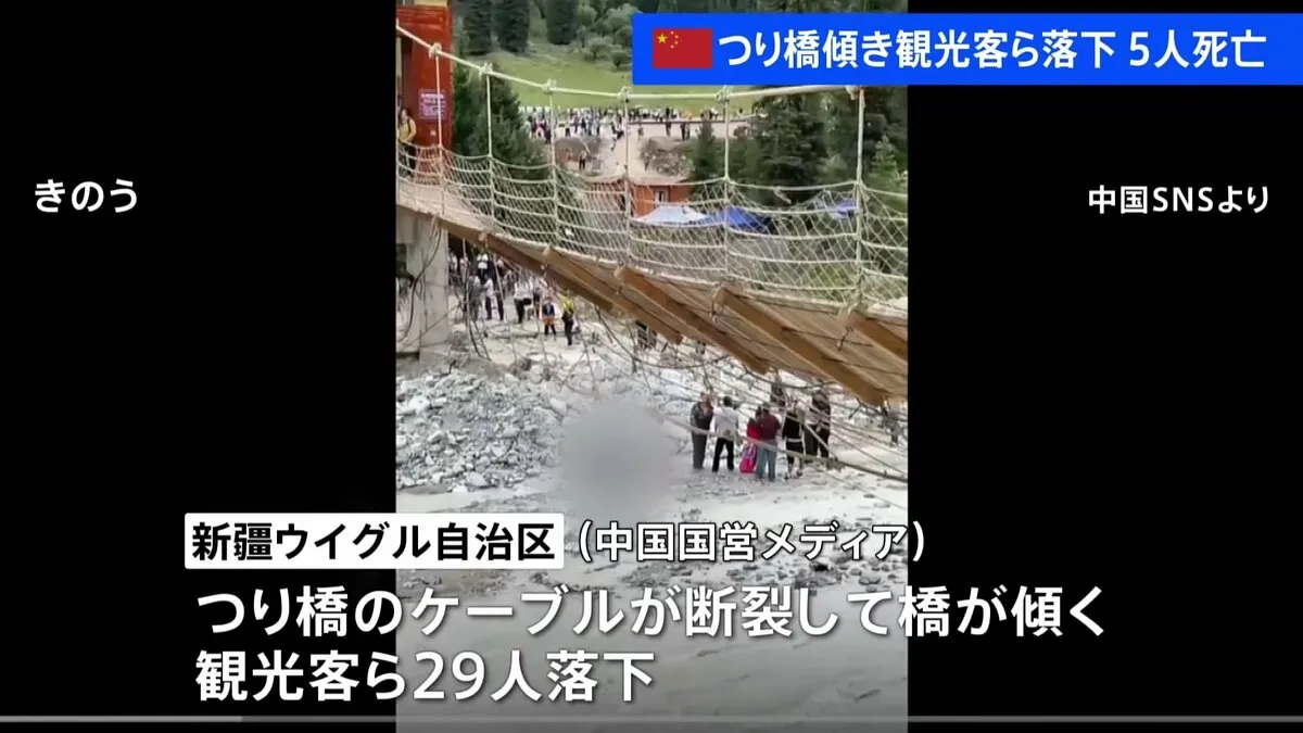 つり橋が傾き観光客らが落下　5人死亡 24人重軽傷　ケーブルが突然断裂　中国・新疆ウイグル自治区