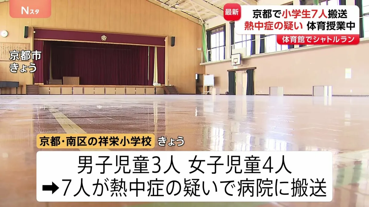 熱中症の疑い　体育館でのシャトルラン中に体調不良訴え　小学3年の児童7人搬送　京都市の午前11時半ごろの気温32.2℃