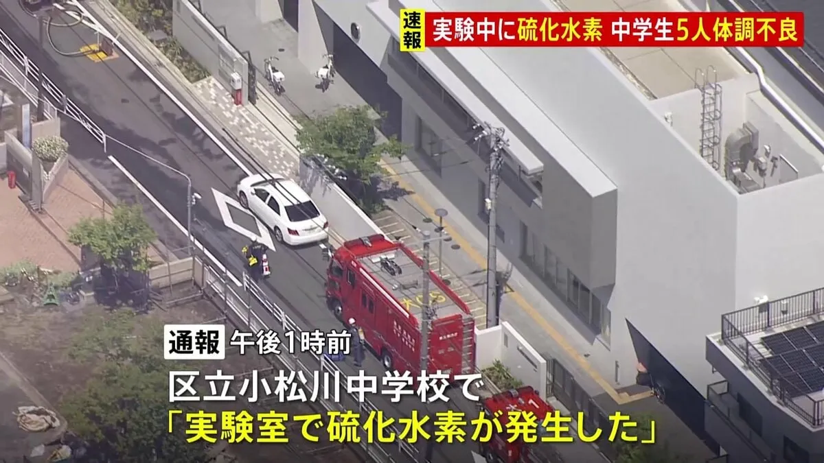 実験中に硫化水素発生し5人体調不良か　容体不明も2人搬送　東京・江戸川区の中学校