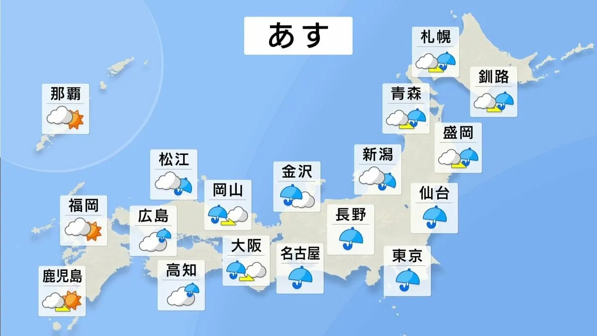 あす(26日)低気圧・前線の影響で広い範囲で雨となる見込み 東海・関東・北陸・東北南部は午後ほど雨足の強まる所がある予想 東京寒さ続き最高気温は16℃止まりの見込み