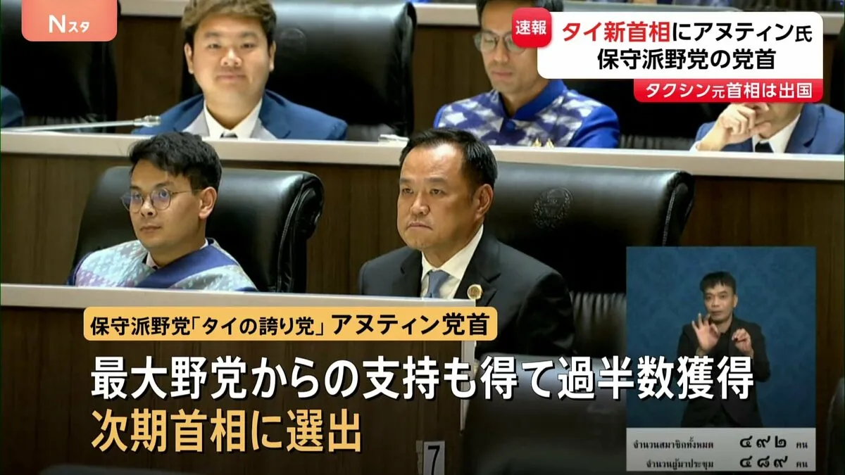 【速報】タイ国会“大麻合法化”の旗振り役・保守派野党アヌティン党首が次期首相に選出　タクシン派ぺートンタン氏の首相失職に伴う議員投票