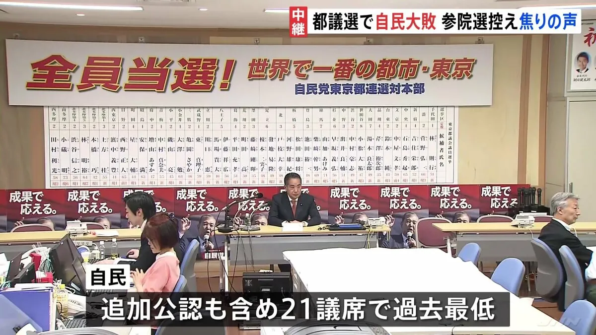 都議選で自民党が大敗 過去最低議席に　来月に参院選控え自民から焦りの声 「都民ファーストの会」が第一党に返り咲く