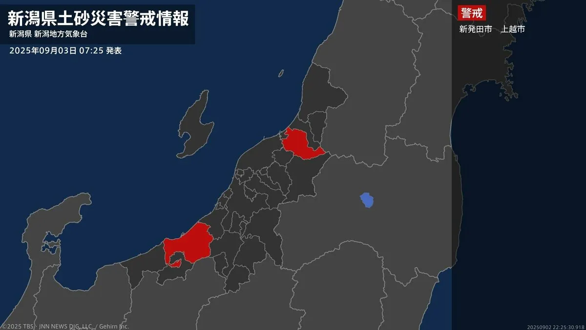 【土砂災害警戒情報】新潟県・上越市に発表 3日07:25時点