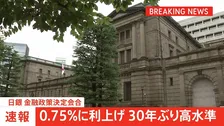 【速報】日銀　政策金利を0.75％に引き上げ　30年ぶり高水準に　きょうの金融政策決定会合で追加利上げ決定