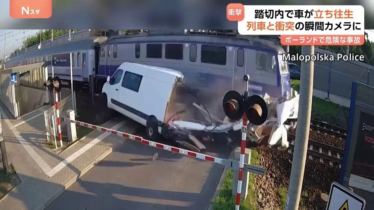 踏切で立ち往生した車に迫る列車“衝突の瞬間”をカメラがとらえる　車は大破するも運転手は無事【ポーランド】