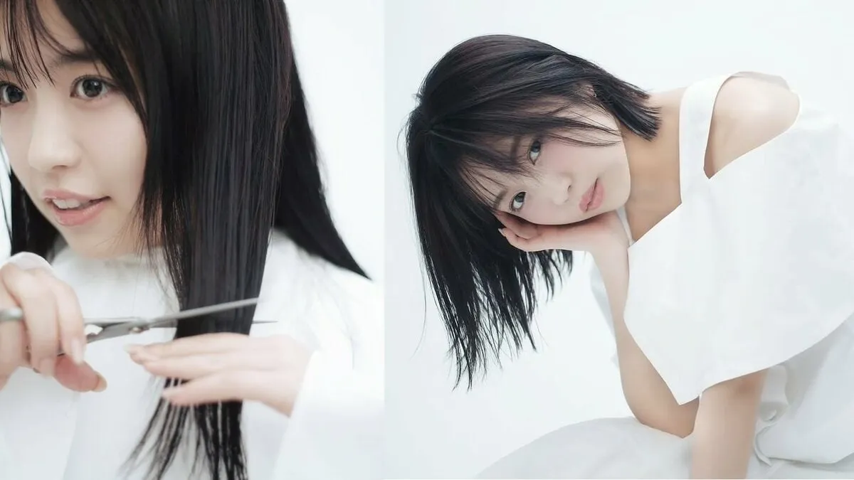【大原優乃】「髪の毛をばっさり」自身でハサミを入れる姿も披露　白一色に映える黒髪「ボブ大原です」