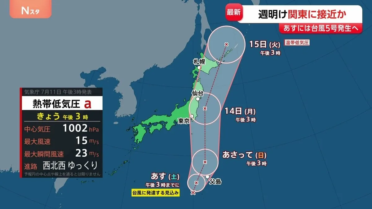24時間以内に新たな台風発生の見込み　関東に接近のおそれも　15日には北海道の北で温帯低気圧に変わる見込み