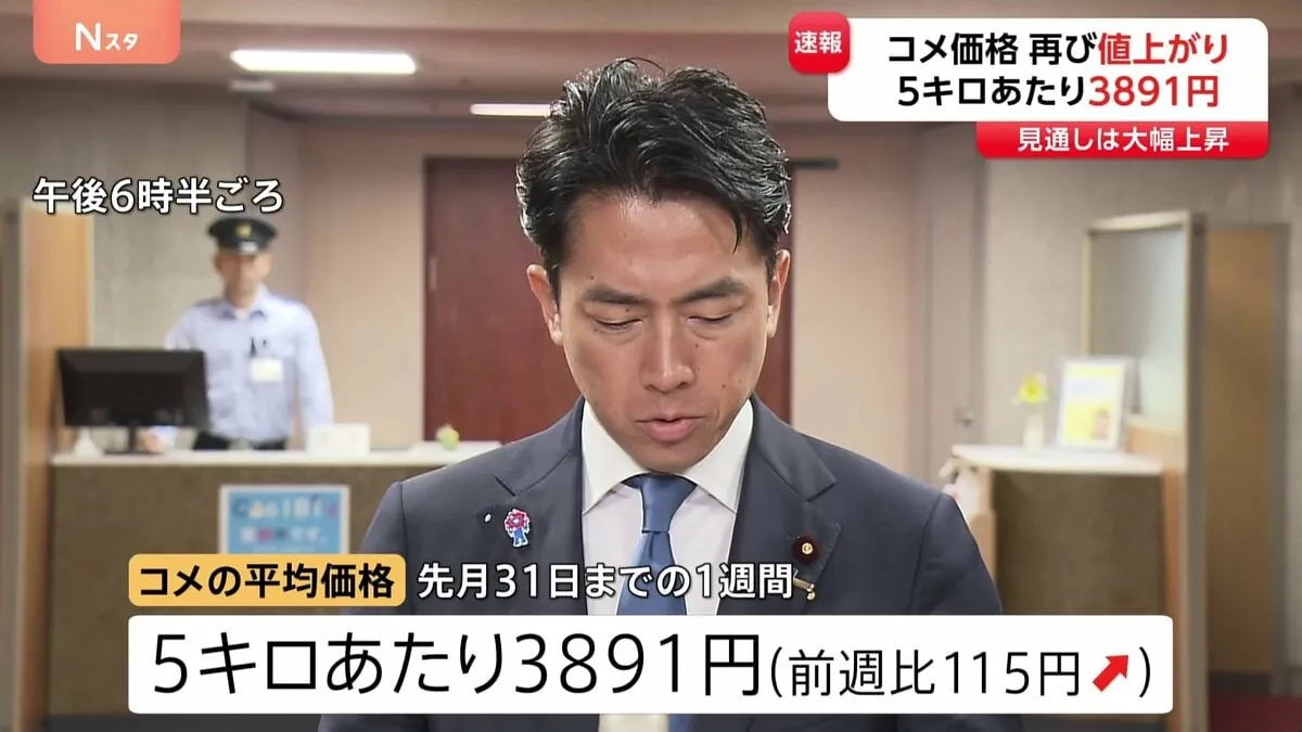 コメ最新平均価格　再び値上がり　5キロあたり3891円　前週より115円上がる