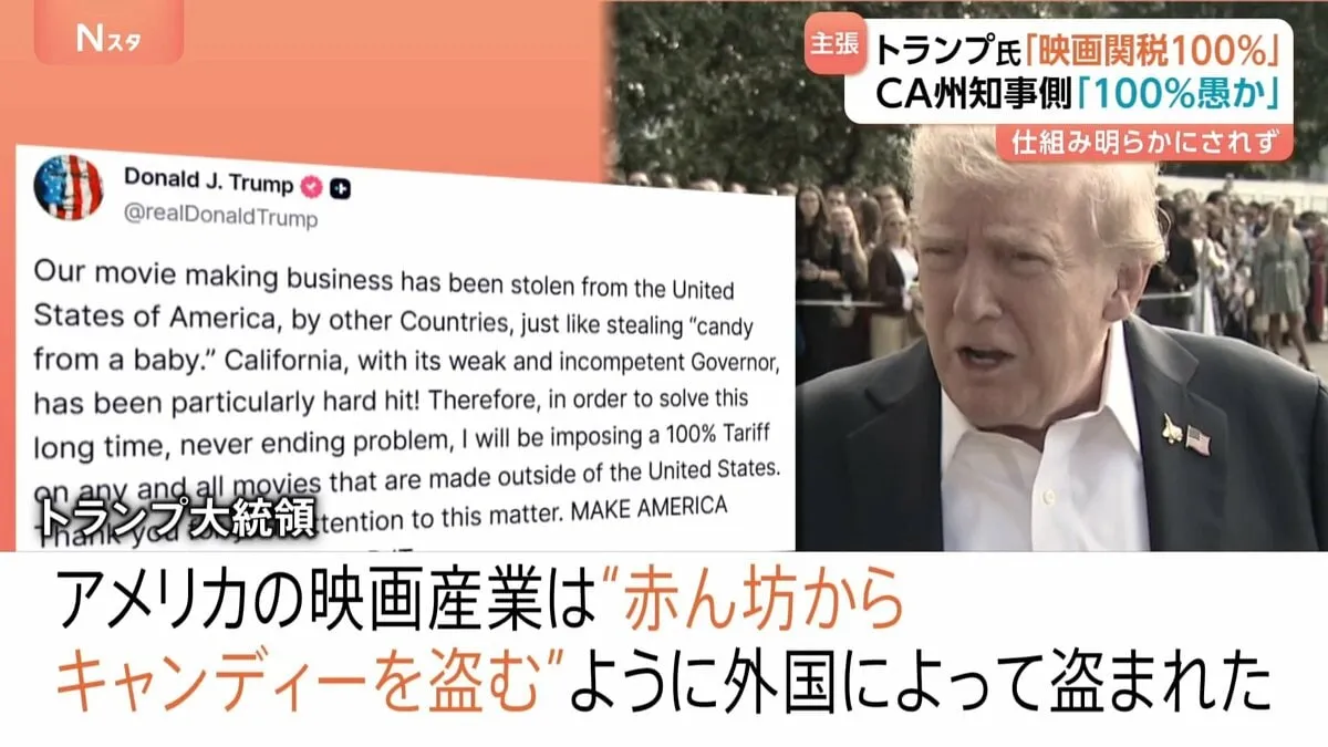 「国外製作のすべての映画に100％関税」トランプ大統領が改めて表明　カリフォルニア州知事「100％愚かな動き」と批判