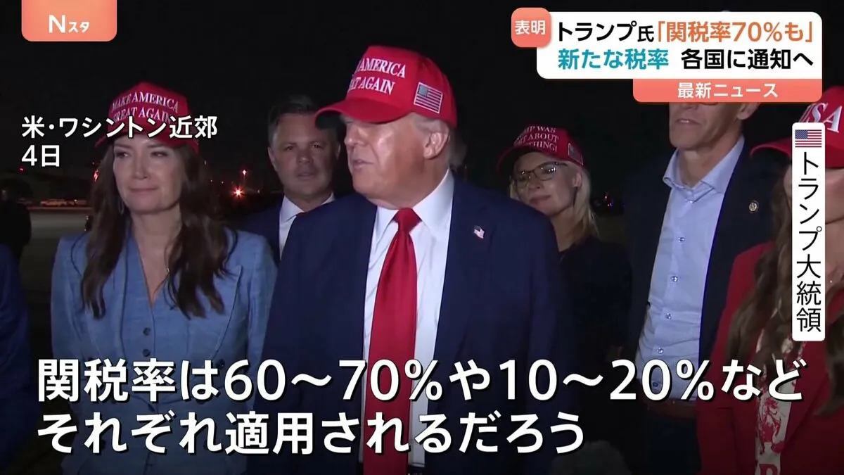 トランプ大統領が「新たな関税率は10～70%」と発言　4日から通知と説明　4月基準で大幅に高く　対象国は明かさず