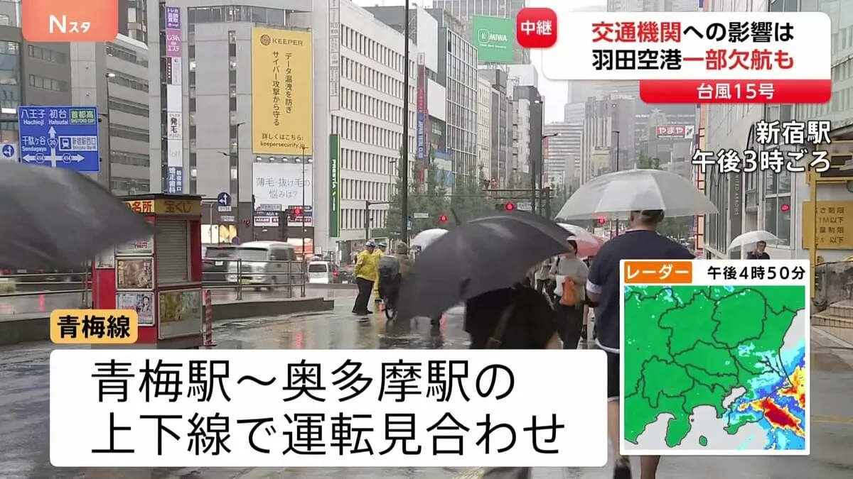 台風15号　交通機関への影響　JR東日本 青梅線一部運転見合わせ　京浜東北線・横須賀線などで遅れ　全日空14便・日本航空6便欠航