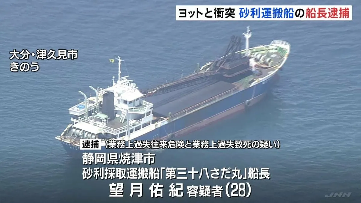 大分沖でヨットと衝突し男性死亡　砂利運搬船の船長の男（28）逮捕　注意義務怠った疑い