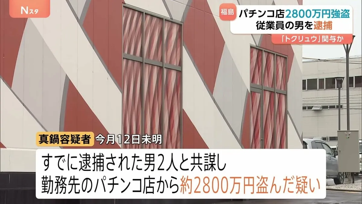 福島のパチンコ店2800万円強盗事件　店に勤務する従業員の男（23）逮捕　「トクリュウ」関与の可能性