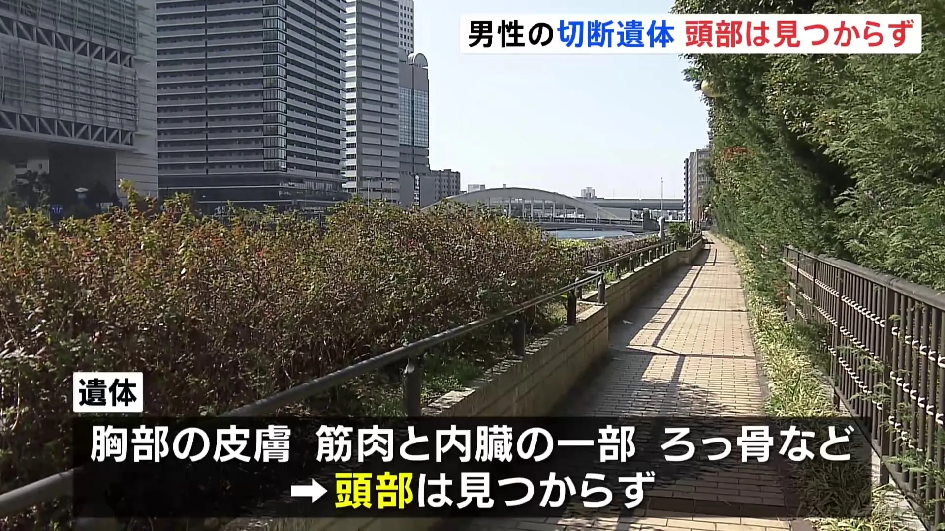 頭部はみつからず　遊歩道で発見の男性切断遺体　遺体は約10の肉片と約20の骨のかけらに切断　大阪市福島区・堂島川沿い