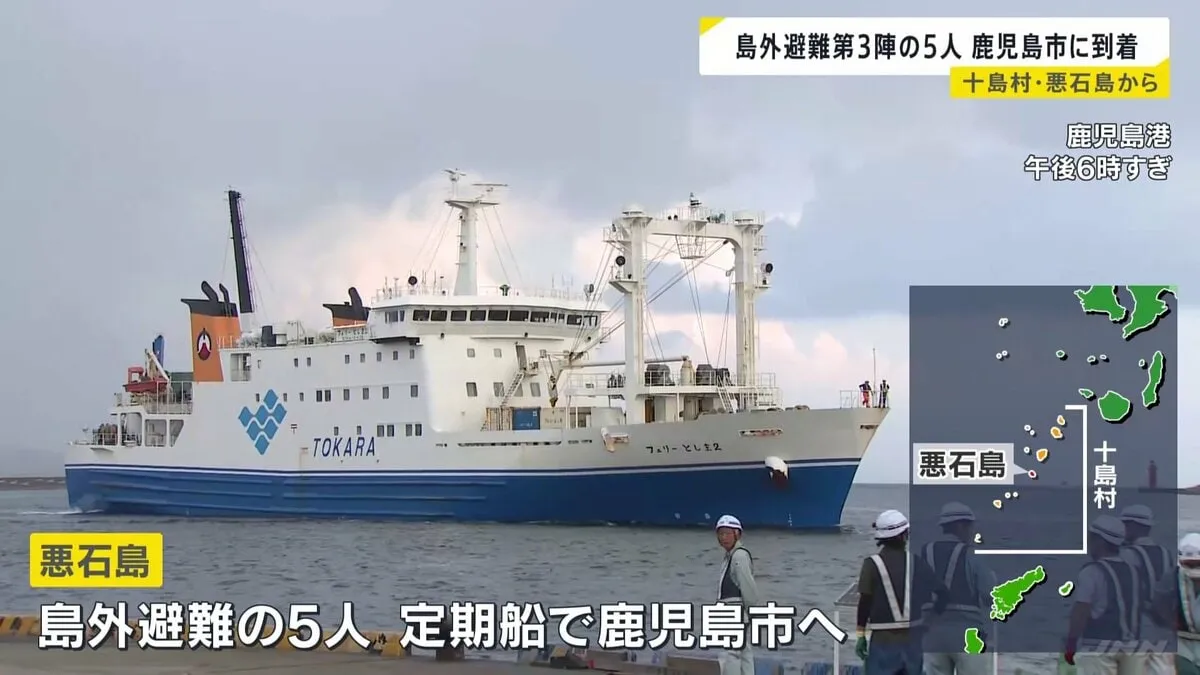 鹿児島・十島村で第3陣の島外避難 5人が定期船で鹿児島市に到着 震度5弱以上は8回に