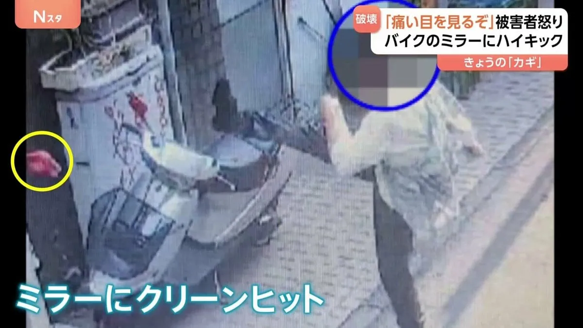 「変なことすると痛い目を見るぞ」ハイキックでバイクのミラーを破壊　被害者激怒　防犯カメラが捉えた犯行の一部始終