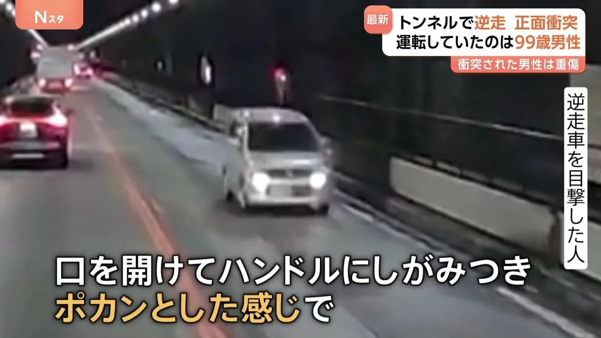 「口を開けてポカンと」逆走・正面衝突の車は99歳が運転　ドライブレコーダーにトンネル内を逆走する様子　中央道
