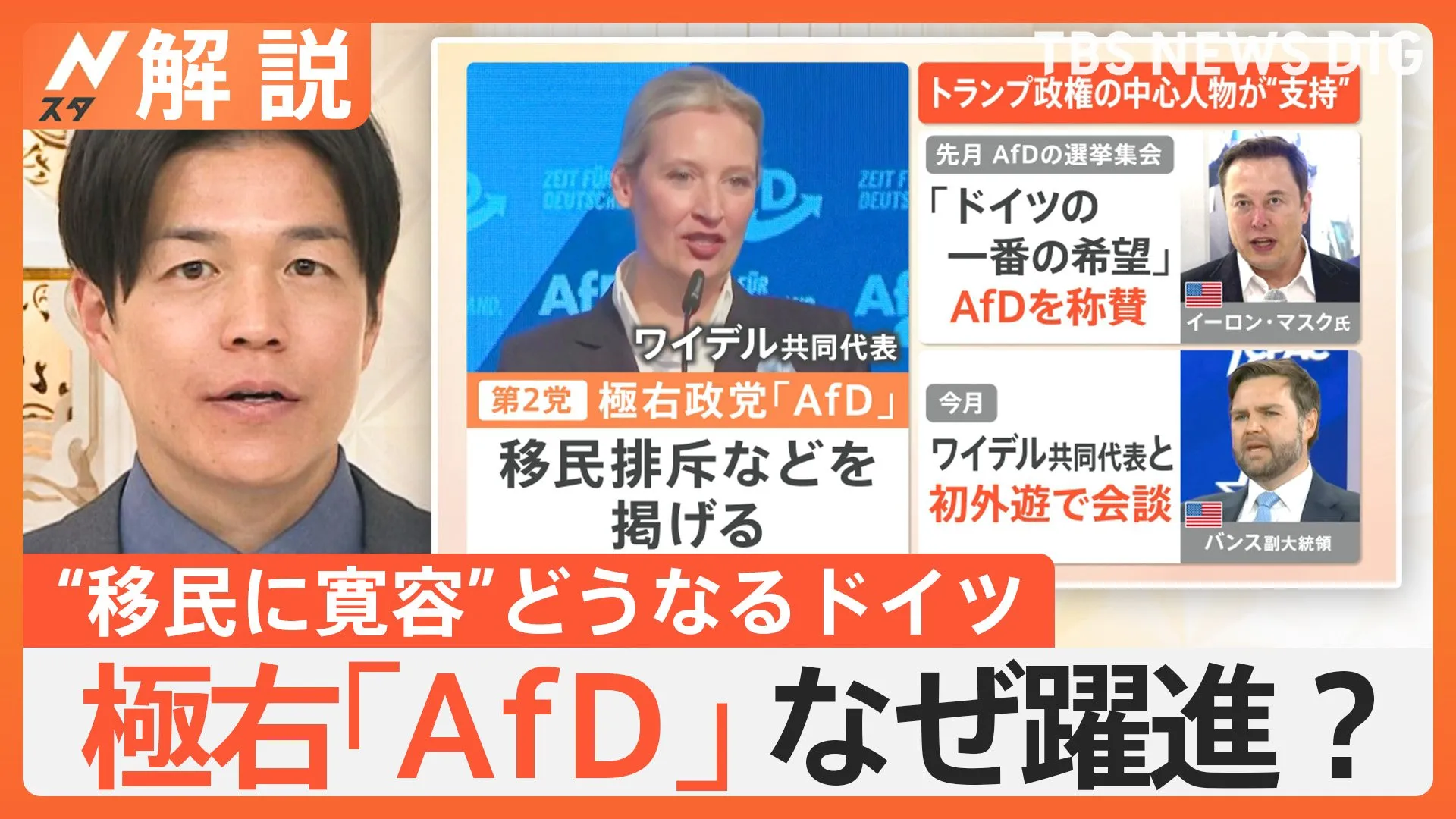 「移民排斥」掲げる極右「AfD」躍進で…“移民に寛容”なドイツどうなる？　トランプ政権の中心人物も“支持”【Nスタ解説】