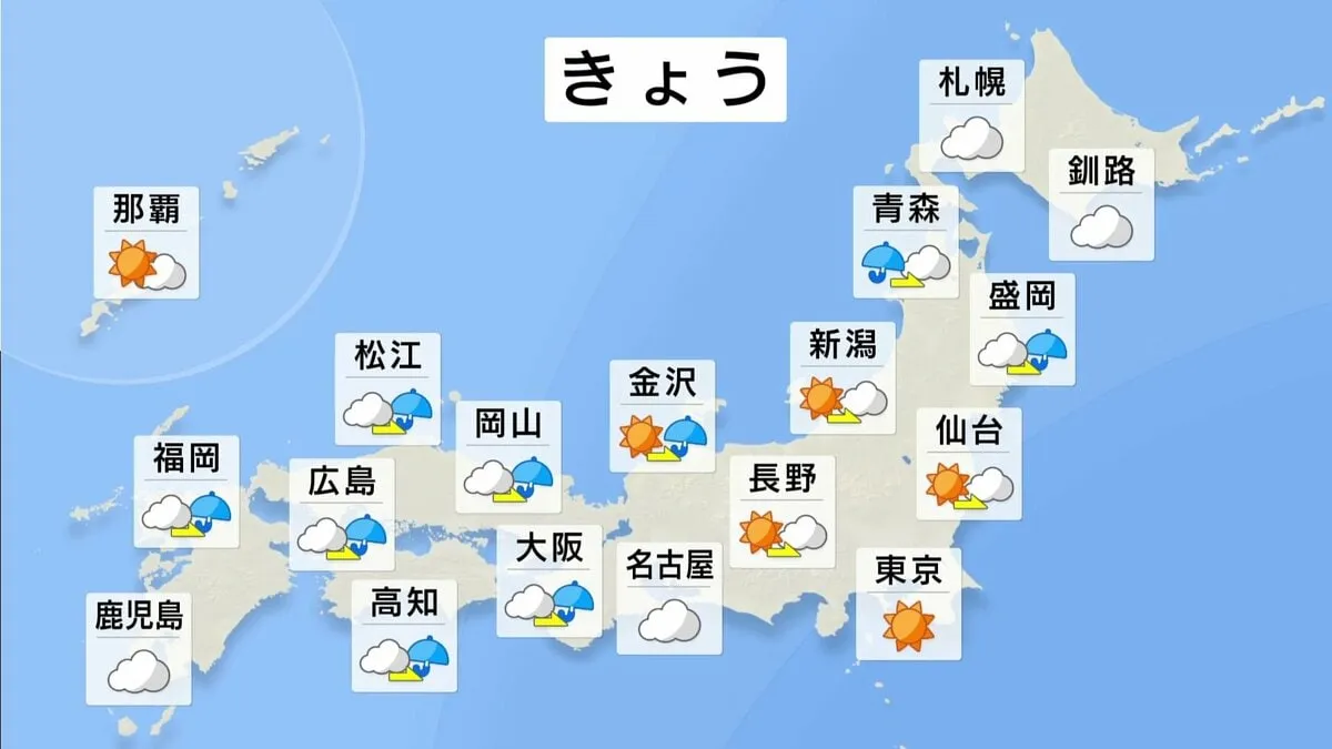 きょう（22日）は日本海側で雨脚が強まる所がある見込み　特に九州など西日本は激しい雷雨となるおそれ　関東と沖縄は青空が広がりそう