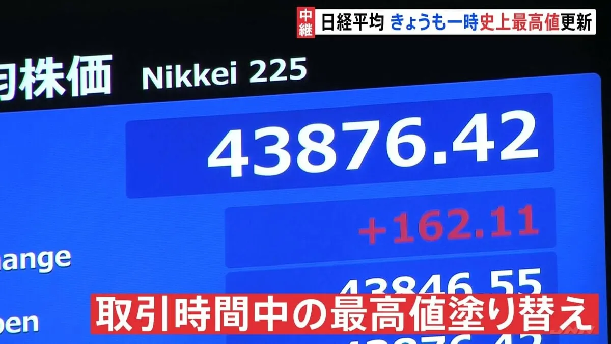 日経平均株価 午前終値4万3652円　一時150円以上の値上がりで連日の最高値更新　市場関係者「楽観視できるような状況ではない」