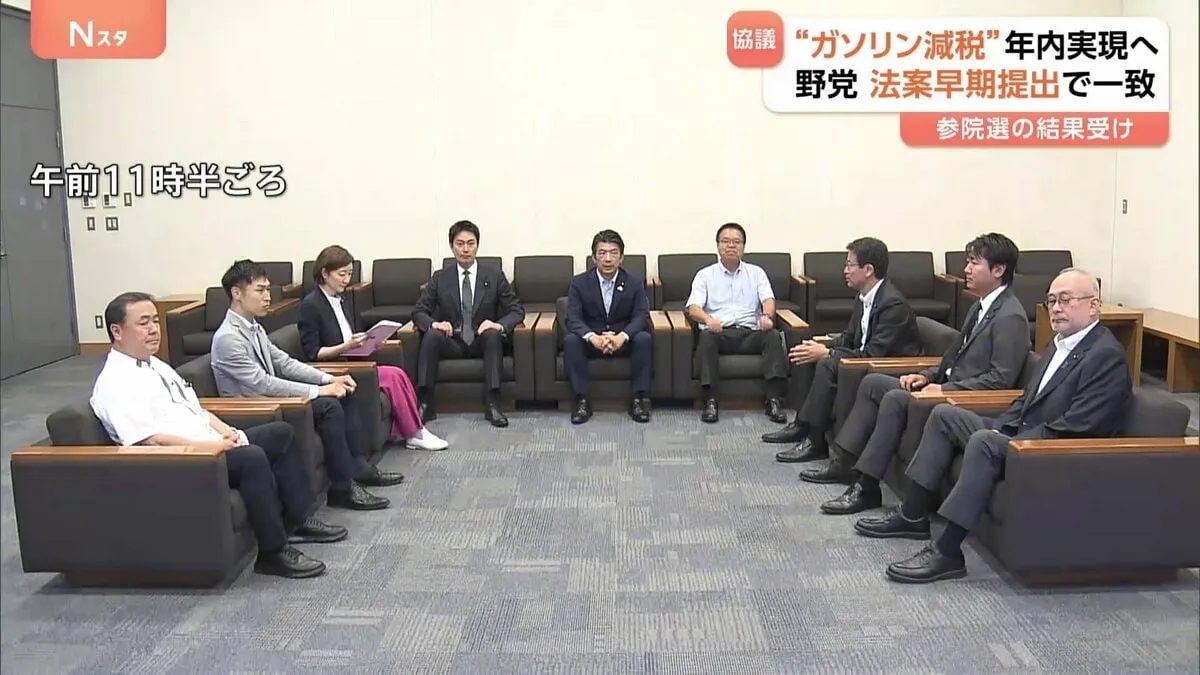 野党8党　年内の“ガソリン減税”目指す方針　ガソリン税の暫定税率を廃止する法案　早期提出で一致　野党の政策責任者が会談