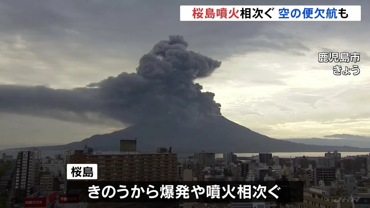 鹿児島・桜島できょうも爆発や噴火相次ぐ　噴煙は火口から2700m上がり灰は北西方向へ　空の便は欠航も
