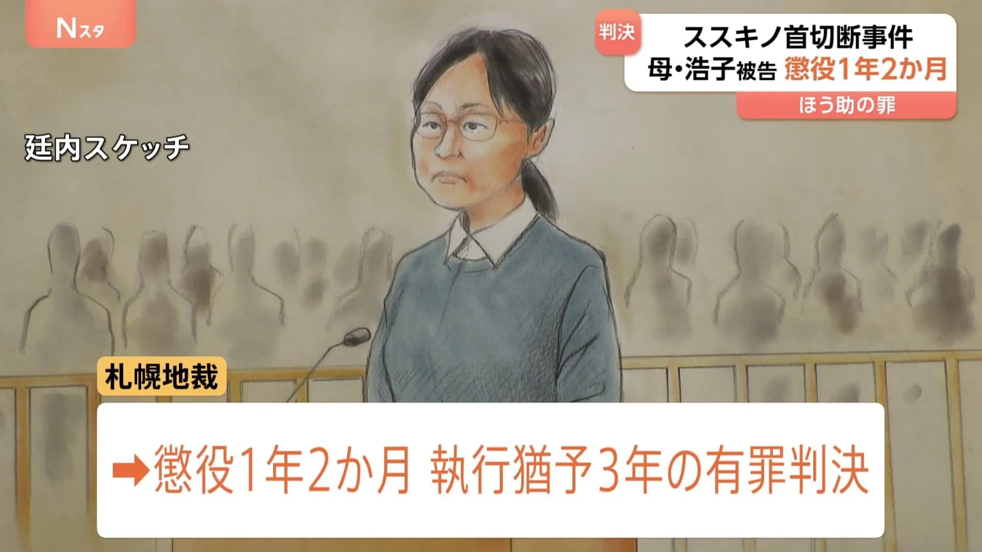 “娘の犯行を手助け” 田村瑠奈被告の母親・浩子被告に懲役1年2か月、執行猶予3年の判決　札幌地裁　ススキノ首切断事件