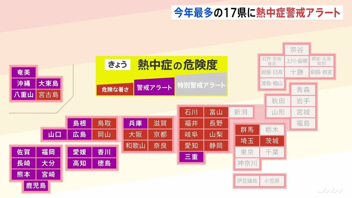 今年最多「熱中症警戒アラート」17県20地域に　東京都心でも「6月の真夏日最多」更新　35℃超の猛暑日予想