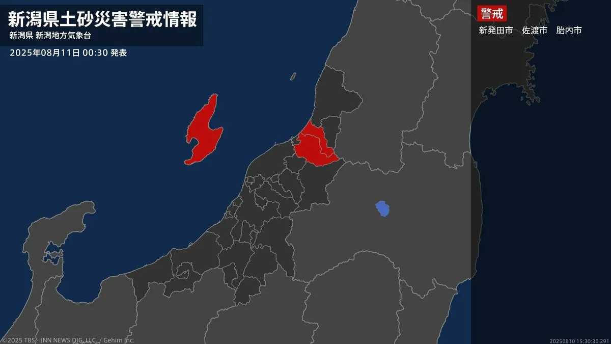 【土砂災害警戒情報】新潟県・新発田市、胎内市に発表 11日00:30時点