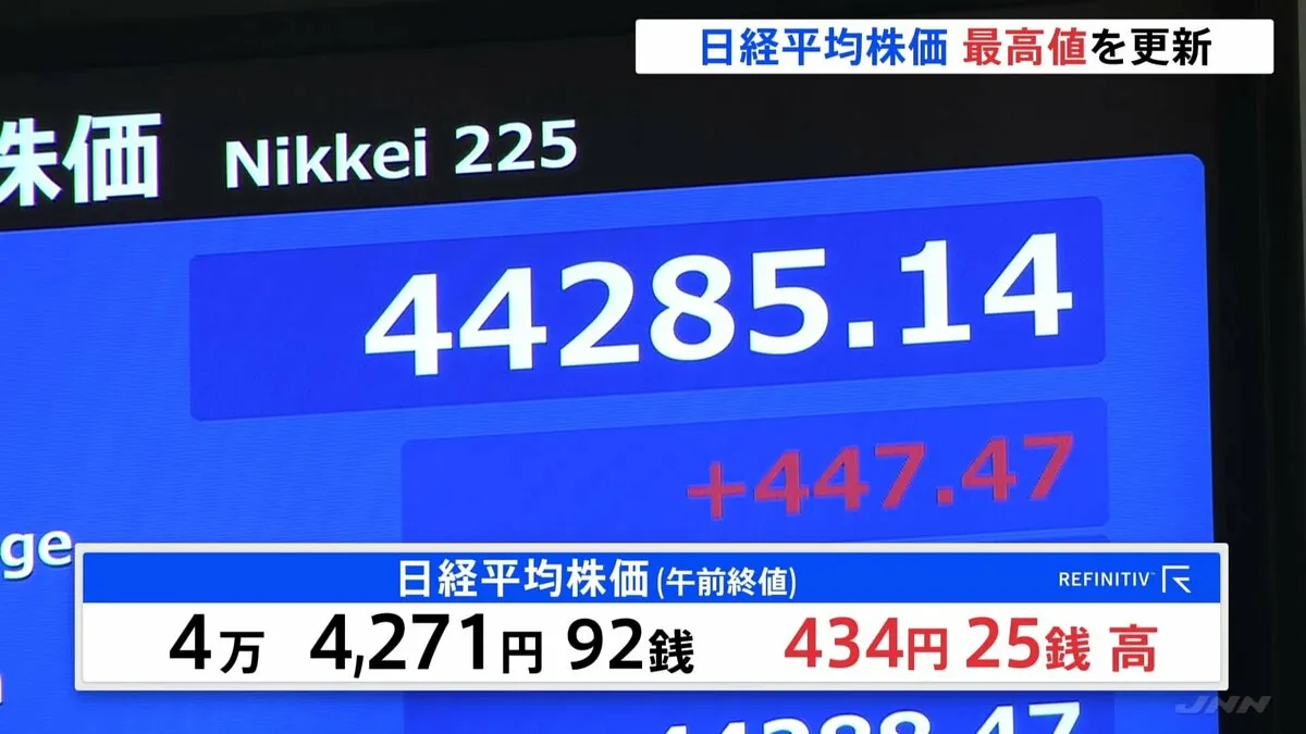 日経平均株価　取引時間中の最高値更新　2日ぶりに　ソフトバンクGが一時上場来高値などAI向けの半導体関連株などが上昇