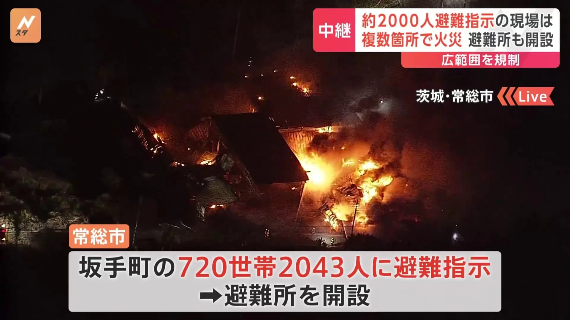 周辺住民2000人超に避難指示　避難所を開設　茨城・常総市で枯れ草火災　複数箇所で火災発生