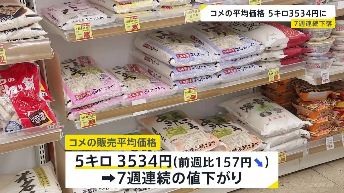 コメ平均価格7週連続値下がり　5キロ3534円　全地域で3000円台に　「随意契約」による2000円前後備蓄米の流通拡大が要因か
