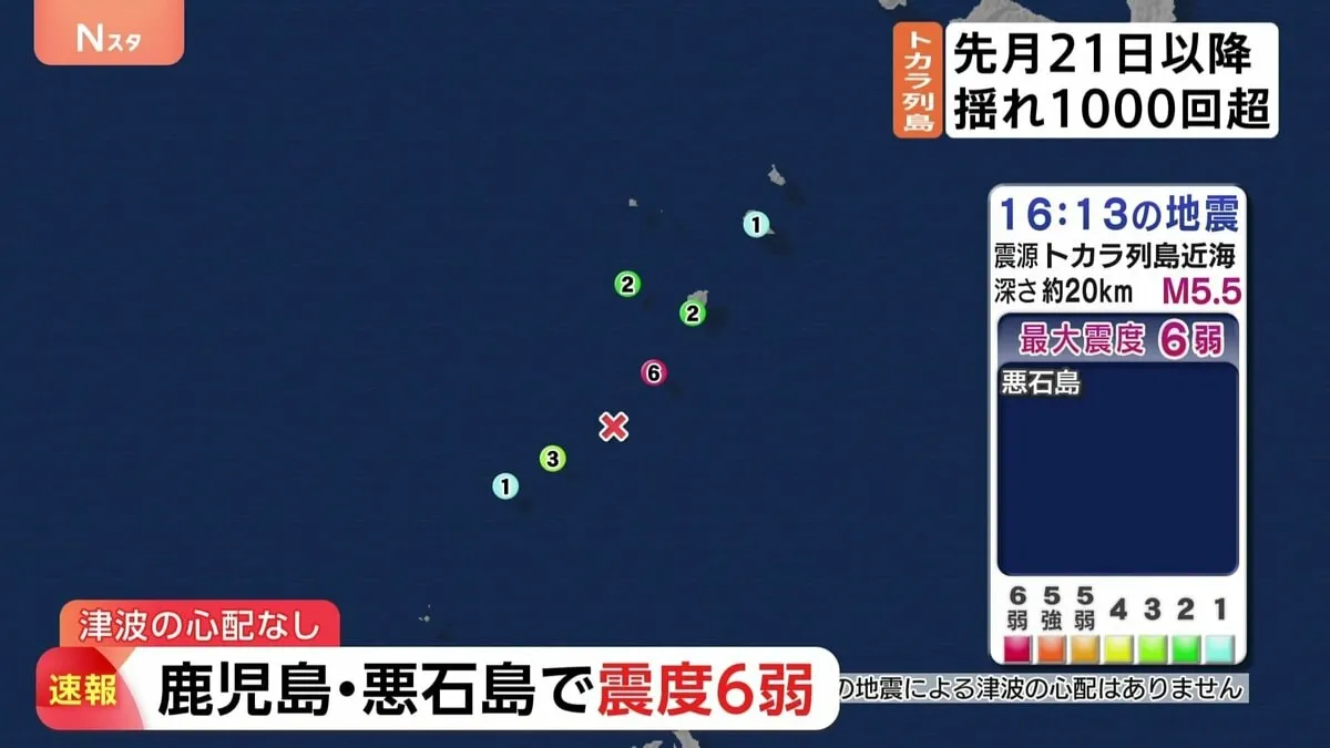 被害がないか情報を収集中　鹿児島・十島村で震度6弱