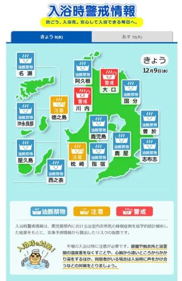 寒暖差の大きい日、入浴控えて