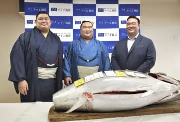 大関大の里、初競りマグロに舌鼓